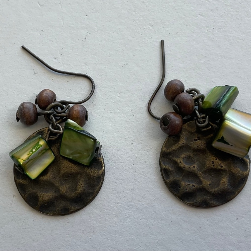 Dangle earrings pierced hammered copper green shell brown wood beads 1.25”